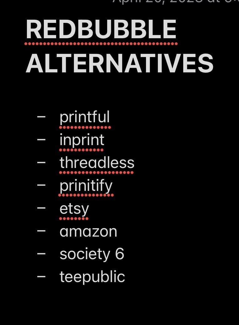 tenmortt's tweet photo. trying to compile a list of redbubble alternatives, if anyone has any suggestions and/or comments on these listed please reply !! #BoycottRedbubble https://t.co/GwfeESSUZf