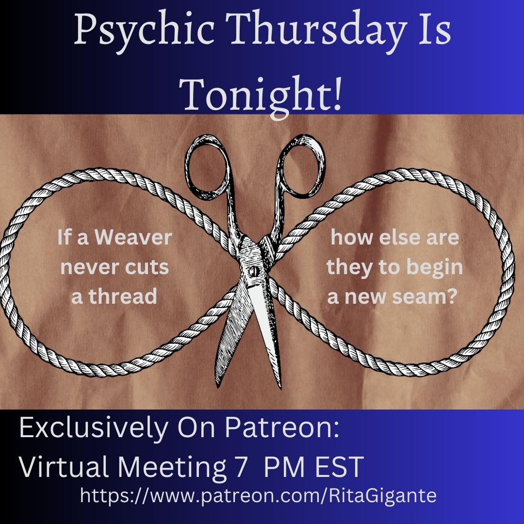 RitaGigante8's tweet photo. It's #PsychicThursday, happening at 7 PM exclusively through #Patreon.
Tonight's topic is #cordcutting, so come prepared to learn and ask questions about this powerful spiritual practice.
#psychicreading #channeledmessages #toxicrelationships #reclaimingyourpower #psychicmedium https://t.co/RxoCgsJUeA