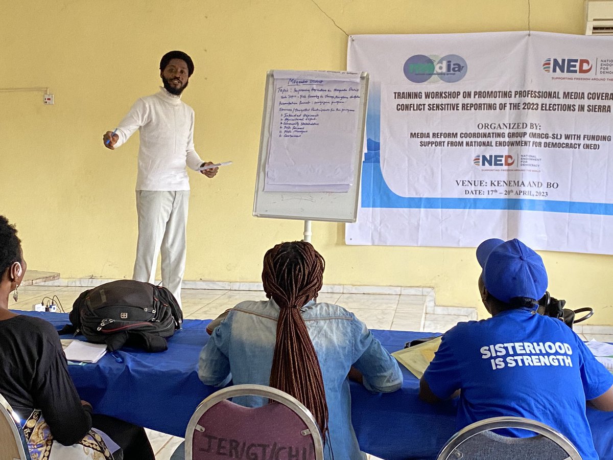 Mrcgsl's tweet photo. @Mrcgsl has today completed the training of #220journalists including station managers and editors across the country on promoting #professional #media #coverage and #conflict #sensitive #reporting of the #June24 general elections in Sierra Leone. Supported by @NEDemocracy https://t.co/tlb5FU7mnn