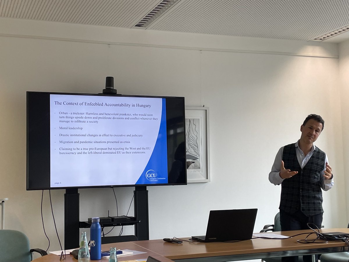 theresareidy's tweet photo. Umut Korkut ⁦@CaledonianNews⁩   presenting the fascinating case of Hungary in the last contribution to the afternoon panel. #TUDresden https://t.co/YJobf63Y3J