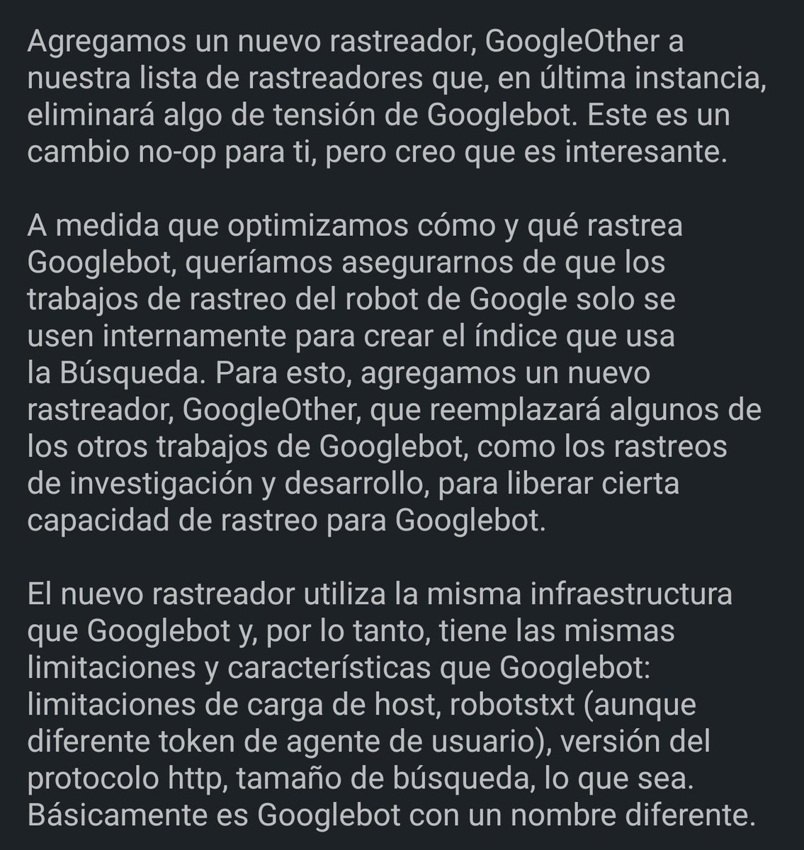 🕷️ Google anuncia que ha agregado un nuevo rastreador llamado GoogleOther, para liberar capacidad de rastreo de Googlebot. Este nuevo rastreador tendrá las mismas limitaciones y características. 👀 En los logs 👇