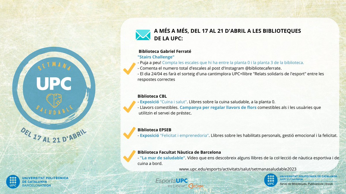 EsportsUPC's tweet photo. #SetmanaSaludableUPC I Aquests dies les #bibliotequesUPC també hi col·laboren amb propostes, ajudant a la millora de la nostra qualitat de vida!💚🧠📖
No deixis de participar-hi i #movemlaupc!
📆Del 17 al 21 d'abril
✍Més info: https://t.co/r2Uvs7ahRB
#EsportsUPC #Posatenmarxa https://t.co/3EeEo9iKi5