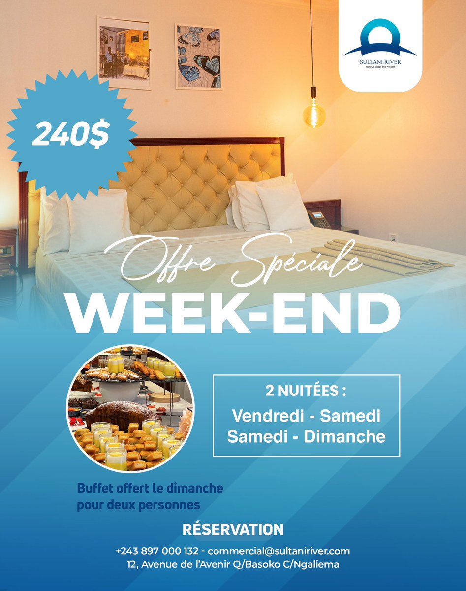 sultani_river_'s tweet photo. Un cadre parfait pour un week-end parfait 🤩
Profitez de notre #OffreWeekend pour passer des moments inoubliables au @sultani_river_
2 nuitées pour 2 adultes et un buffet offert le dimanche.
Réservation : +243 897 000 132
📍12, Avenue de l’Avenir Q/Basoko C/Ngaliema https://t.co/sGY1f86HuV