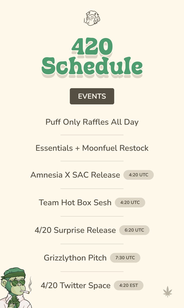 Celebrate 4/20 with us.

We all vibin all day - with chill activities to bring the whole community together.

Puff Puff 💨🤌

#StonedApeWeek