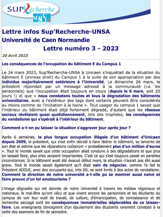 Lettre Sup'Recherche Unicaen n°3.
Les conséquences de l'occupation du Bâtiment E  campus 1. 1/2