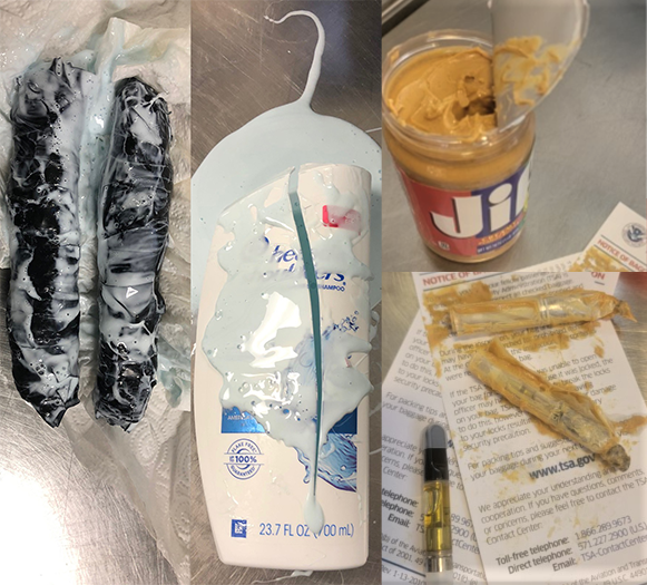 TSA's tweet photo. Today’s 4/20! So, here are a few rather sticky #TBT finds. Weed like to remind everyone that your high heals remain illegal under federal law except for products that contain no more than 0.3% THC. Blunter info can be found here: https://t.co/mpDMAVe7lq #ProhibitedItemsWeek https://t.co/wQaHLMRRcH