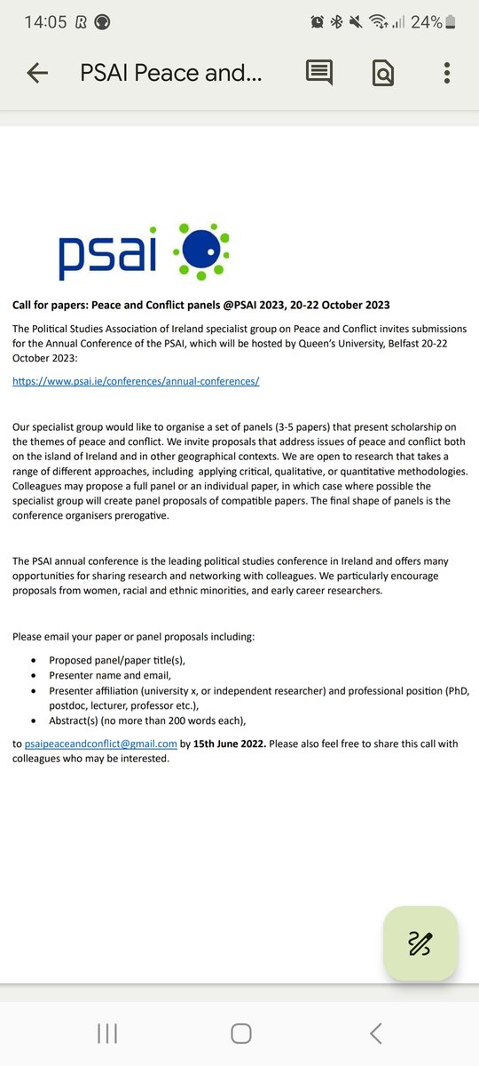 Consider submitting a paper or panel to the <a href="/psaitweets/">PSAI</a> peace and conflict specialist group for the 2023 annual conference in Belfast