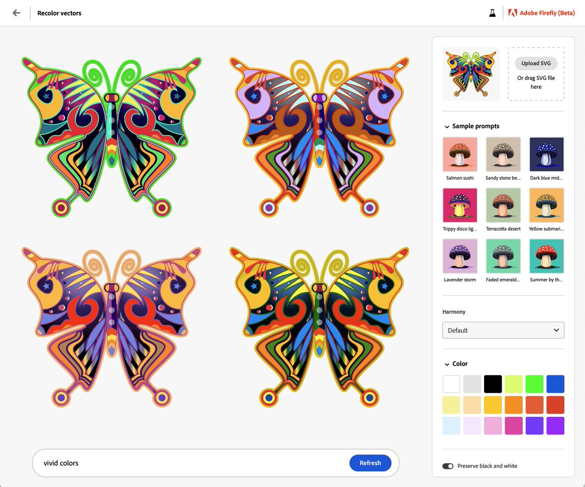 Recolor vectors is now available in the #AdobeFirefly Beta! It lets you upload SVG and recolor your art with any color scheme you need, including harmonies. You can copy the SVG and paste it into Illustrator or download the SVG. Quite a nifty workflow. What do you think?