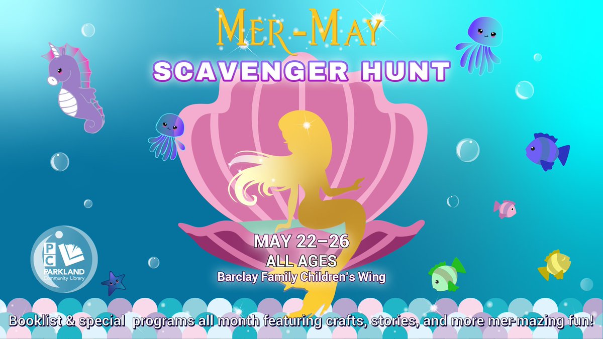Swim over to the youth area to find hidden mermaid pictures. Uncover the secret message to earn a fin-tastic prize!

parklandlibrary.org/event/mer-may-…

#mypcl #mermay #littlemermaid #underthesea #mermaids