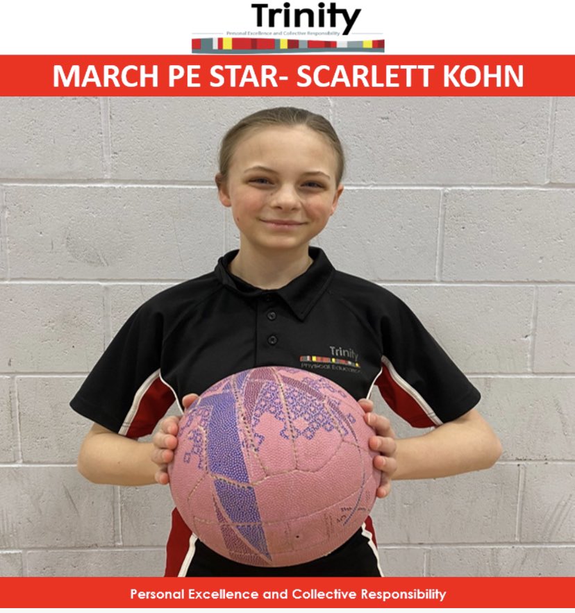 TrinityPEDep's tweet photo. Scarlett has shown fantastic dedication in Netball this month, having represented Trinity in multiple fixtures and turning up to training every week. She has also shown great leadership skills by supporting her classmates in lessons. https://t.co/G6otC5NyeR