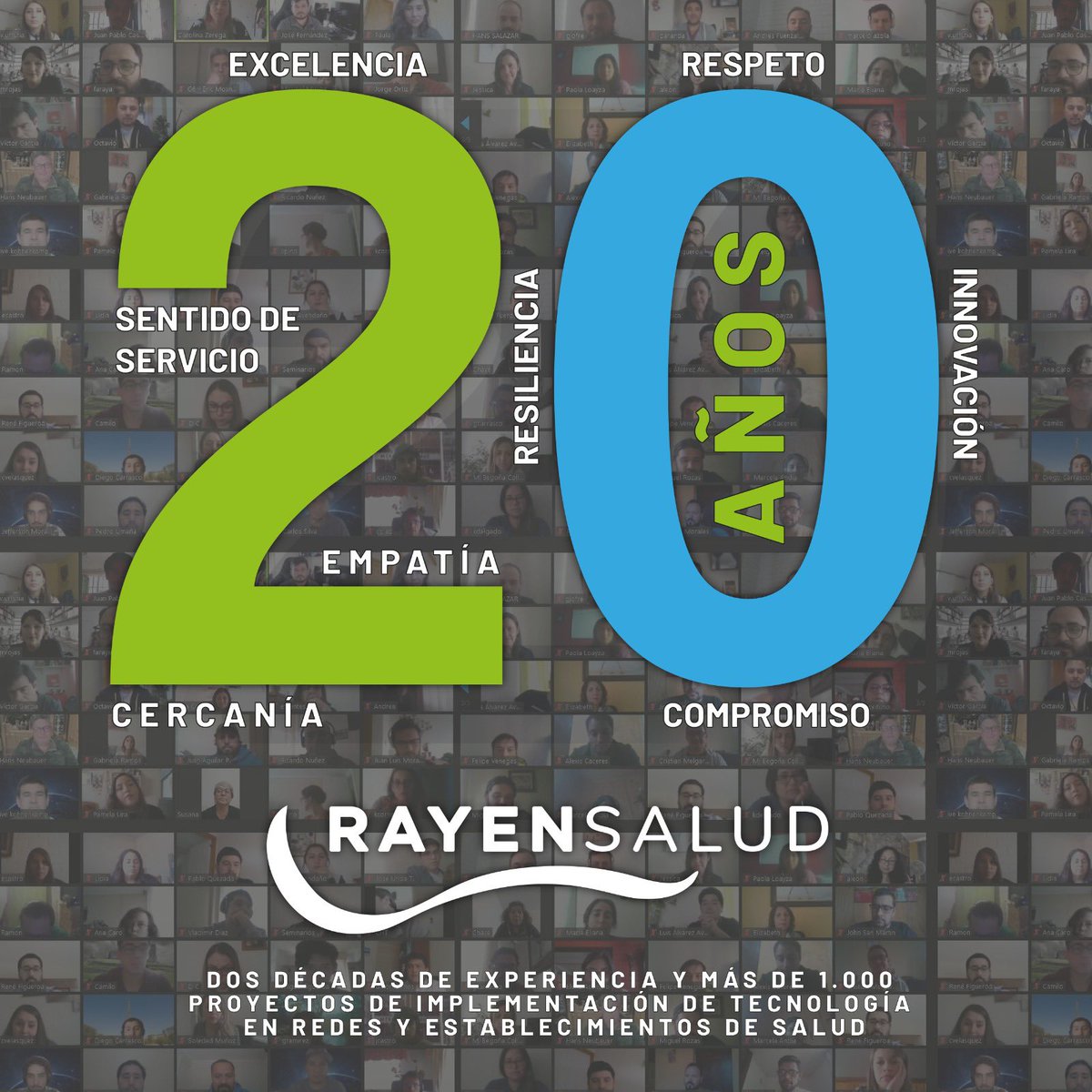 Rayen_Salud's tweet photo. ¡Estamos de Aniversario! 🙌🏻  Hace 20 años tomamos la decisión de canalizar las potencialidades de la Tecnología para aportar al sector Salud, con nuestros valores como pilares: Cercanía, Excelencia, Sentido de Servicio, Resiliencia, Innovación, Empatía, Respeto y Compromiso. https://t.co/b1skCm1XSE