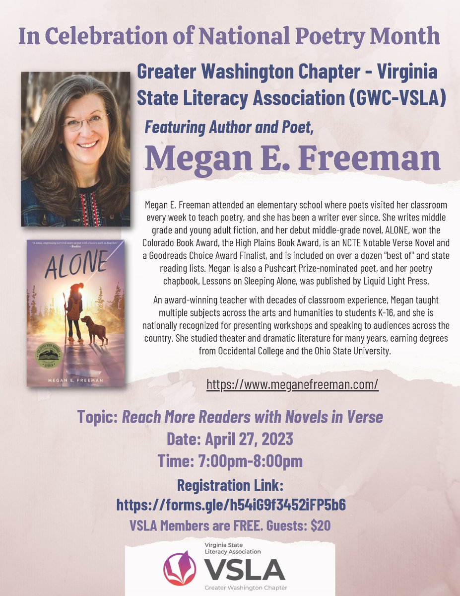 Greater Washington Chapter of VSLA (@gwchapter_vsla) on Twitter photo One week from tonight @ 7:00pm, we will be hosting our next author talk with Megan Freeman <a href="/meganefreeman/">Megan E. Freeman</a> author of Alone, a book in verse. Register here: forms.gle/h54iG9f3452iFPβ¦
#PoetryMonth
<a href="/VSLAToday/">Virginia State Literacy Association</a> <a href="/ShenandoahVsla/">VSLAShenandoah</a> <a href="/ROAREADING/">VSLA-Roanoke Valley Reading Chapter</a> <a href="/VSLAChesapeake/">VSLA Chesapeake Chapter</a> <a href="/vsla_nrvc/">VSLA New River Valley Chapter</a> <a href="/VBReading/">VSLA Virginia Beach Chapter</a> <a href="/ILAToday/">ILA</a> One week from tonight @ 7:00pm, we will be hosting our next author talk with Megan Freeman <a href="/meganefreeman/">Megan E. Freeman</a> author of Alone, a book in verse. Register here: forms.gle/h54iG9f3452iFPβ¦
#PoetryMonth
<a href="/VSLAToday/">Virginia State Literacy Association</a> <a href="/ShenandoahVsla/">VSLAShenandoah</a> <a href="/ROAREADING/">VSLA-Roanoke Valley Reading Chapter</a> <a href="/VSLAChesapeake/">VSLA Chesapeake Chapter</a> <a href="/vsla_nrvc/">VSLA New River Valley Chapter</a> <a href="/VBReading/">VSLA Virginia Beach Chapter</a> <a href="/ILAToday/">ILA</a>