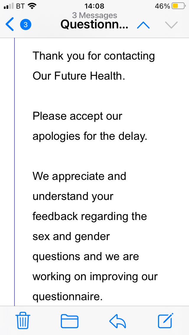 JustMe36243748's tweet photo. @ukfuturehealth @zeno001 Hi. I received the following email from a member of your team indicating that the next iteration of questionnaire will be sex ‘observed’ at birth.
Is this not the case? 
I could not complete questionnaire and cancelled my blood test appointment. When will it be changed?
Thank you https://t.co/eY1Qv8rP4I