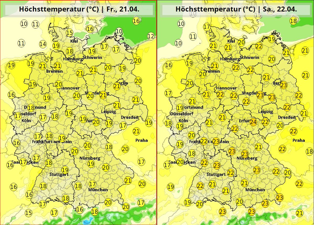DWD_presse's tweet photo. Am #Wochenende wird es deutlich wärmer! Zum ersten Mal in diesem Jahr werden verbreitet um oder über #20Grad erreicht. Ungewöhnlich spät, möchte man meinen. Wie ungewöhnlich, erfahren Sie im heutigen Thema des Tages: https://t.co/ybw2oAfDBp #Frühling /V https://t.co/jqoMbzJut3