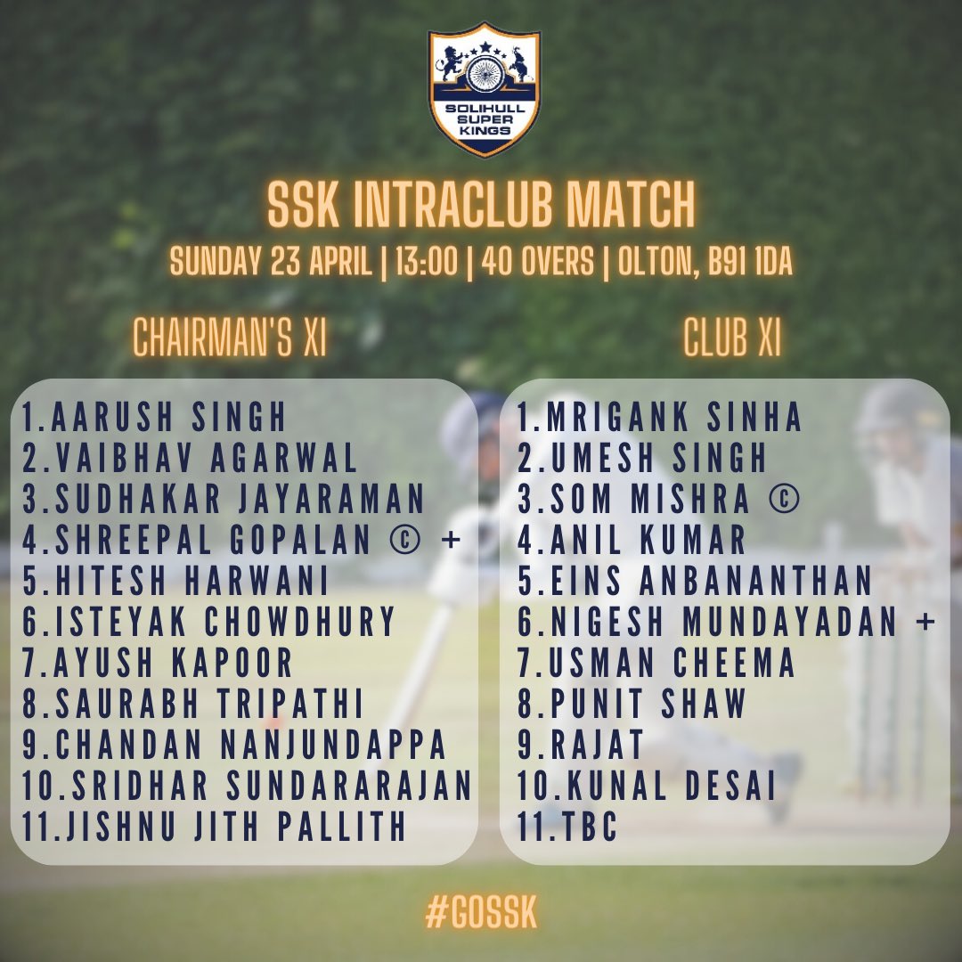SuperKingsCC's tweet photo. 🏏SUNDAY TEAMSHEETS 🏏

The first Sunday teamsheets of the 2023 season!
Looking forward to a feisty affair at our season opener and getting ready for the @ASLcricket league! It’s the Chairman’s XI v/s the Club XI! Enjoy the game gents and pray the rain stays away!

#cricket https://t.co/MNsYqqaI8a