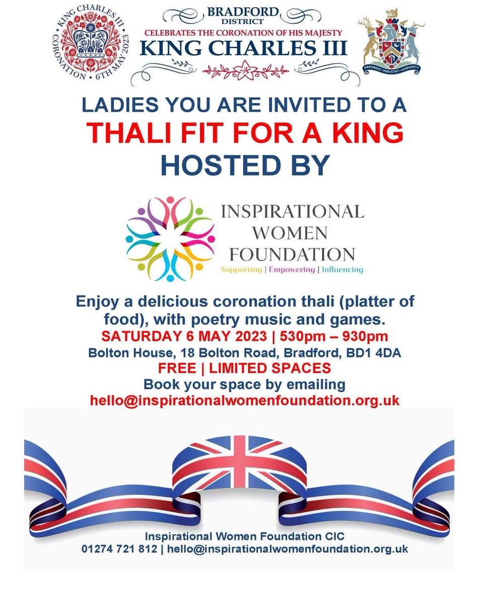 YOU ARE INVITED: Come join us in celebrating His Majesty's Coronation on Saturday 6th May with food, fun and poetry. 

Hurry as seats are limited and will be on a first come first serve basis only. 
#kingscoronation👑 #party #celebration #thali #Food