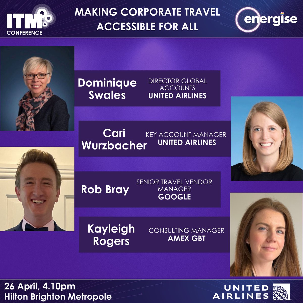 LindaHardingUA's tweet photo. Come and join our session at ITM Brighton to learn from experts at Google, Amex GBT and United Airlines, who are all on a mission to make travel a more inclusive experience. #inclusion #accessibility #proudtobeunited https://t.co/ox5c97p82y