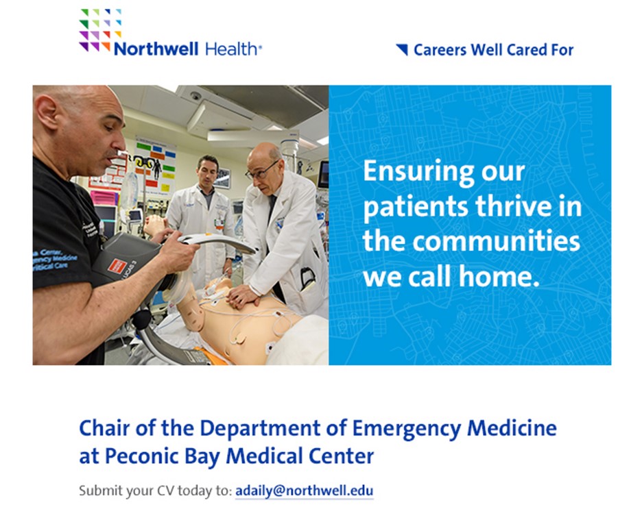 Northwell_EM's tweet photo. Are you ready to take the lead in Emergency Medicine? Peconic Bay Medical Center is searching for a new ED Chair and this could be your chance to make a difference!
If you are interested in applying, please submit your CV to: adaily@northwell.edu.
#EMRA #ACEP #SAEM #FACEP https://t.co/ktgP5HvQrN