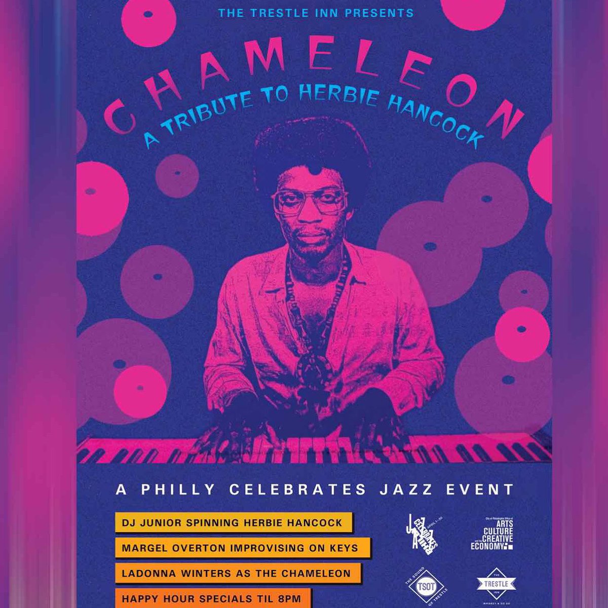 4/21/23 6pm-9pm join me <a href="/TheTrestleInn/">The Trestle Inn</a> for a <a href="/herbiehancock/">Herbie Hancock</a> tribute.

Featuring an improvisational jazz-funk performance by keyboard player  @thesophant over vinyl selections by <a href="/recordbreakin/">RecordBreakin'</a> &amp; Trestle Special dancer <a href="/rugratnami/">Rugrat Nami</a> as The Chameleon. 

No Cover!
<a href="/CreativePHL/">Creative Philadelphia</a>