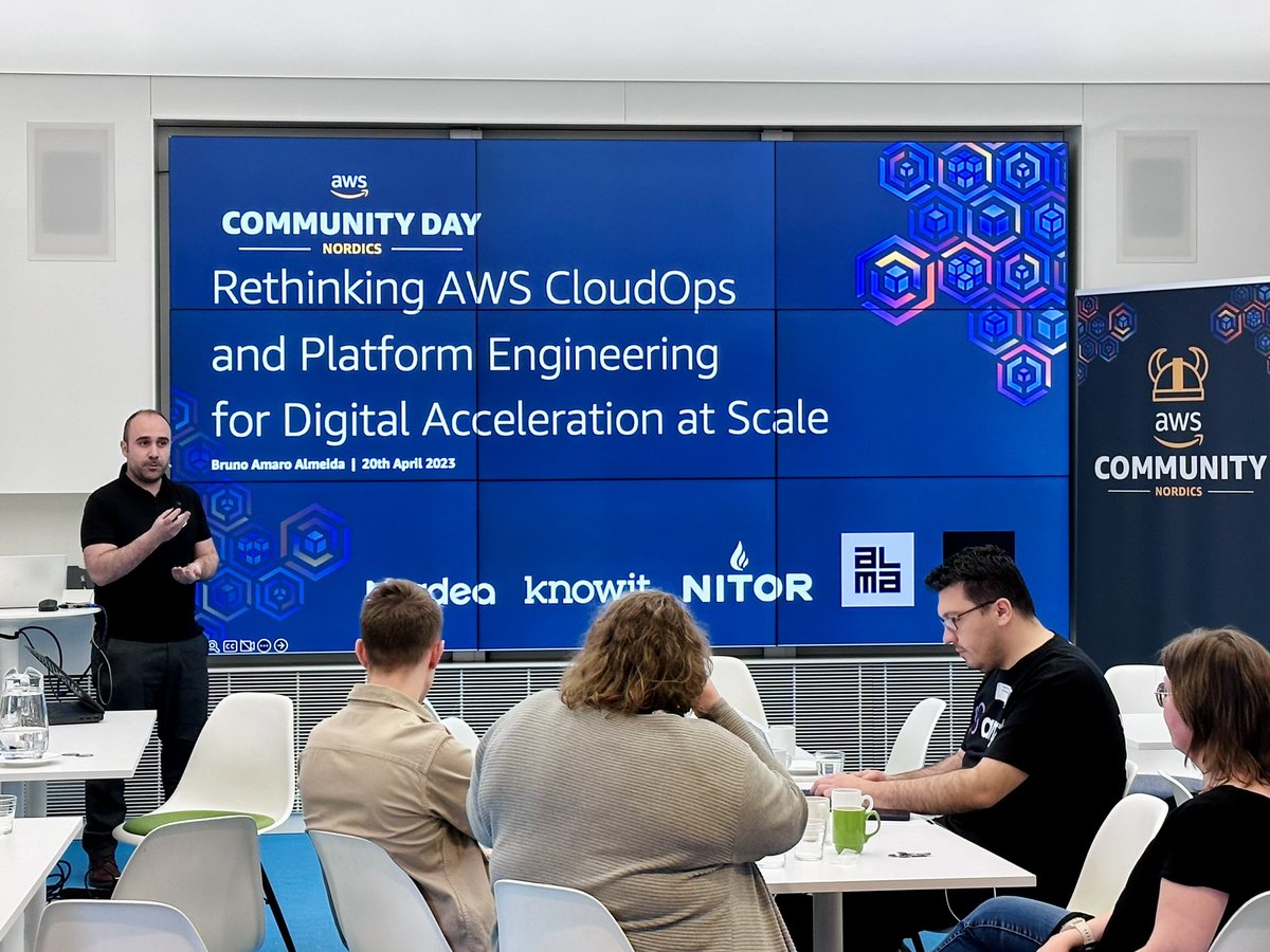 Second last for the day, the man who owns a golden jacket, <a href="/bruno_amaro/">Bruno Amaro Almeida</a> talking about “Rethinking AWS CloudOps and Platform Engineering for Digital Acceleration at Scale” at <a href="/awsnordics/">AWS Community Nordics</a>!