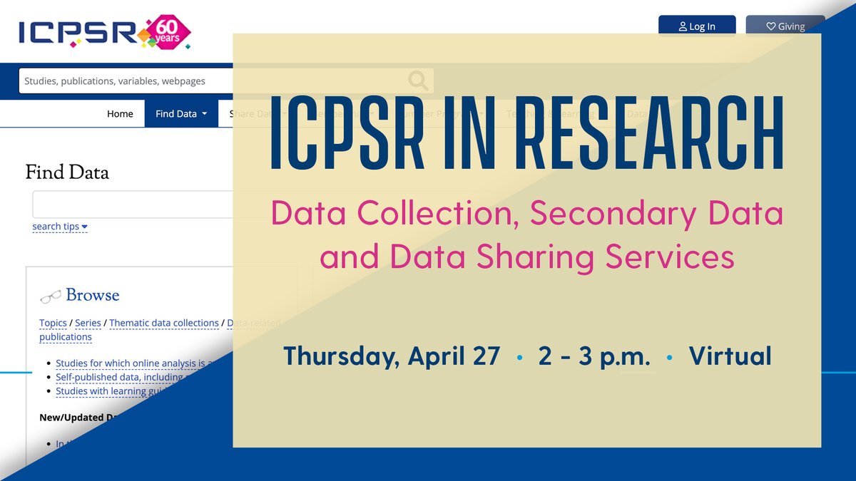 Did you know you have access to data from 18,000+ research studies as part of the #UDel community? Join us on April 27 to learn how to search the ICPSR data repository for information to assist with your research, education and teaching goals. To register: bit.ly/3o2gBI6