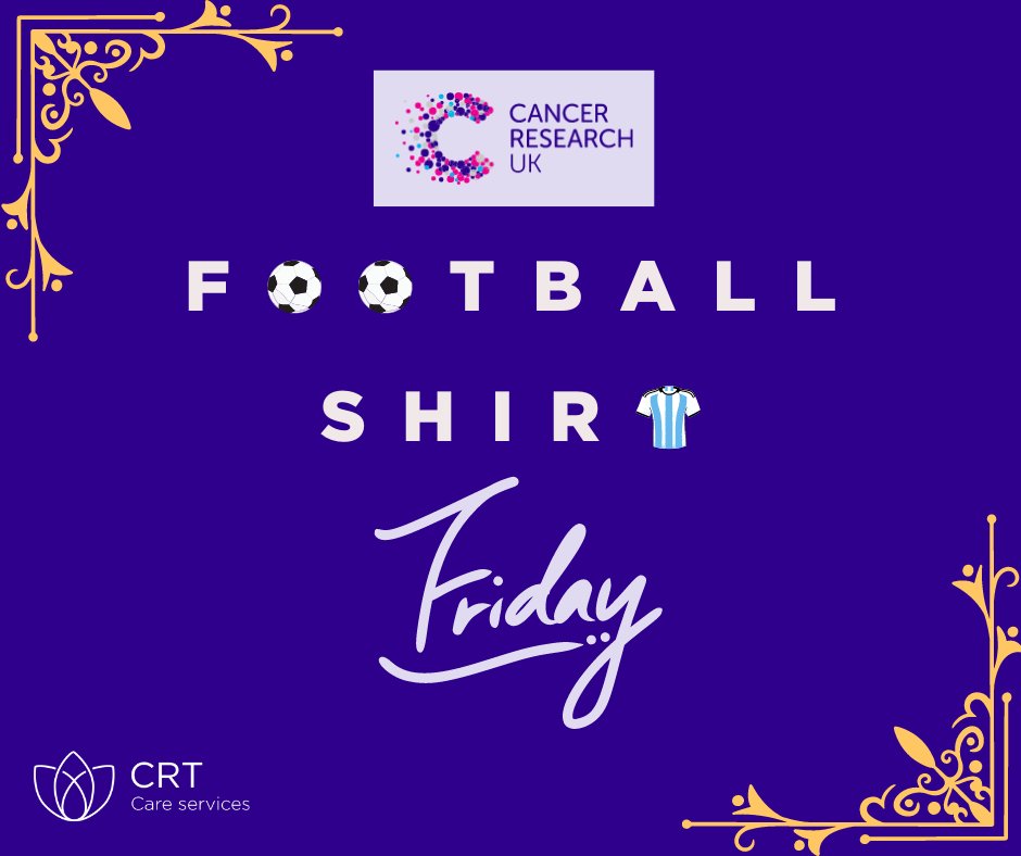 Cancer Research are holding a football shirt Friday tomorrow, in aid of The Bobby Moore Fund and our Chesterfield office staff will be joining in. 

To help us reach our target, you can donate via: fundraise.cancerresearchuk.org/page/crt-care-…

#CRTCare #CRTCareCarers #Cancerresearchuk #fundraising