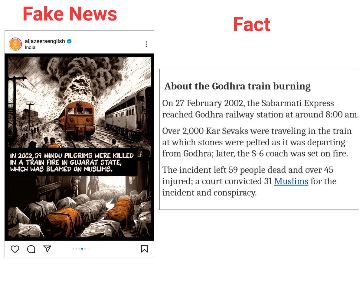 AskAnshul's tweet photo. Al Jazeera posted fake news about Godhra train burning case

59 people were killed when rioters set ablaze coach S-6 of Sabarmati Express

31 convicted (life imprisonment to 20 &amp; death sentence to 11)

Later, Gujarat HC commuted death sentence of 11 convicts to life imprisonment https://t.co/0rCyBJoCSb