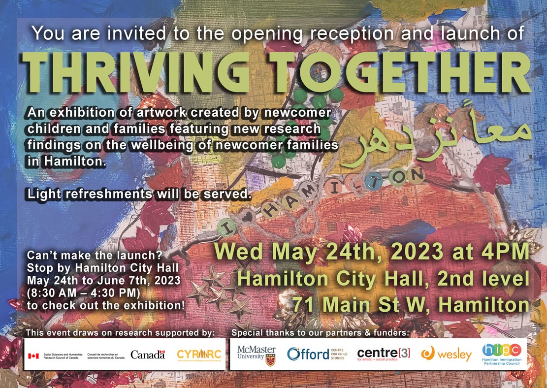 OffordCentre's tweet photo. Join us May 24th at Hamilton City Hall for a new art exhibit 'Thriving Together' created by #newcomer children and families!🎨🖌️

Dr. Amanda Sim &amp; Dr. Kathy Georgiades will share  new research findings on newcomer #mentalhealth and wellbeing. We look forward to seeing you there! https://t.co/niEqIiTFsP