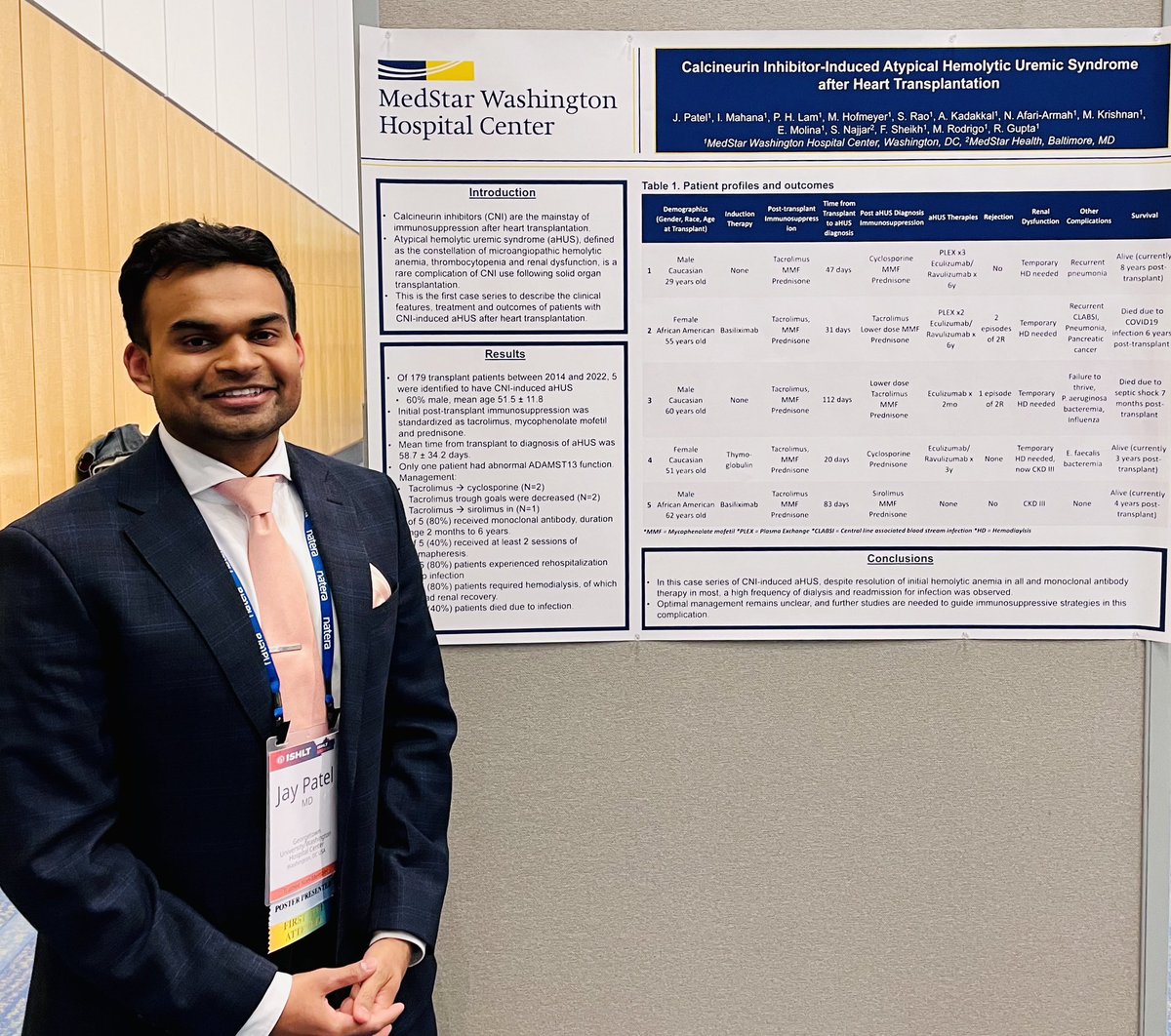 Proud to share our case series on the rare Calcineurin induced atypical hemolytic syndrome in cardiac transplant patients at #ISHLT2023 Thank you to my mentors! @RichaGuptaMD @PhilLamMD @fsheikh22 @MarkHofmeyer @GTCardFellows
