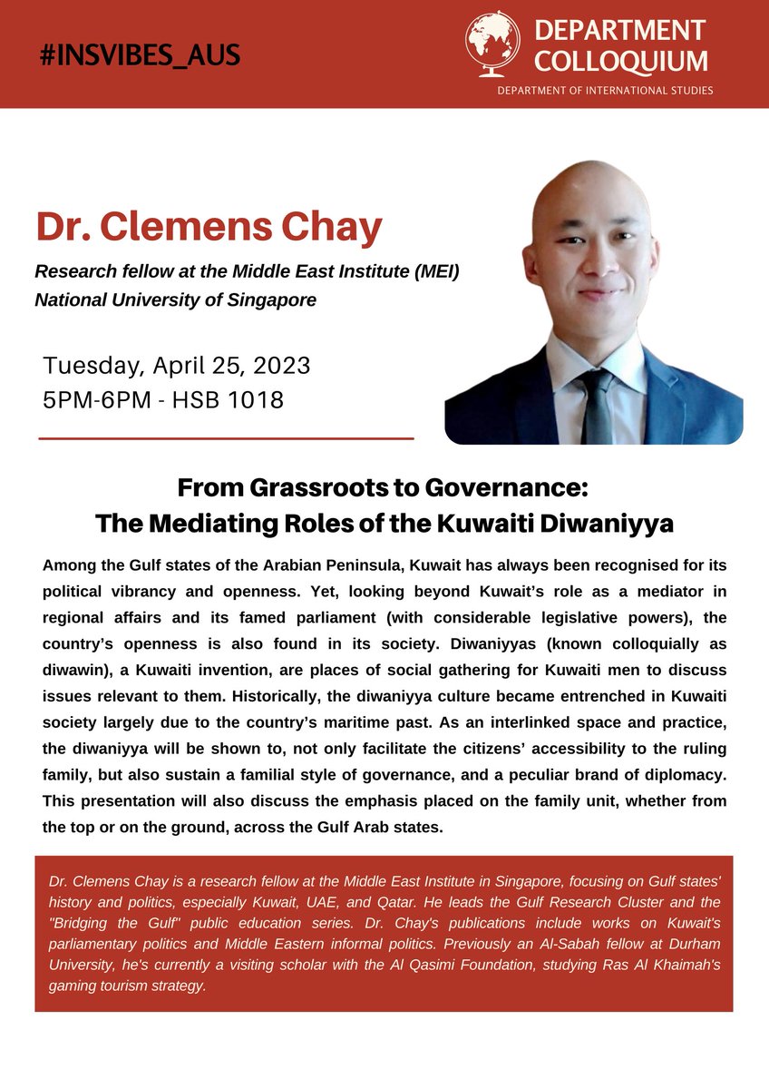 Come to the American University of Sharjah on April 25 for a talk by Dr Clemens Chay from the National University of Singapore!  Details below...
