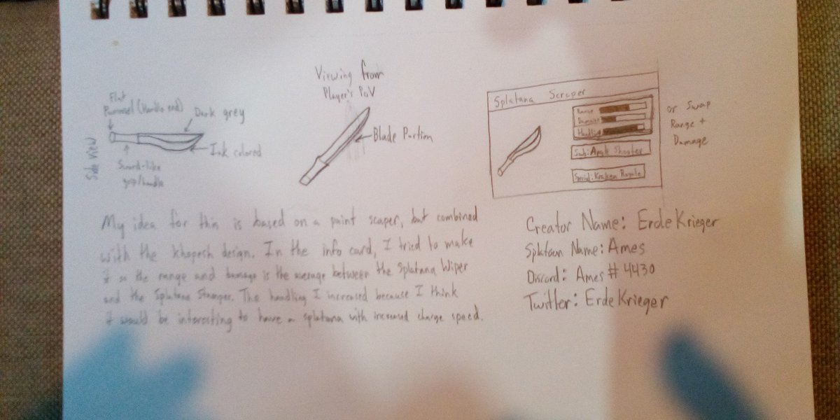 ErdeKrieger's tweet photo. So, this is just a concept art for a new splatana design. I call it a Splatana Scrapper, as it is inspired by combining the paint scrappers used in painting with a khopesh design. The range and damage is between the other two, with charge rate being the only one that is larger. https://t.co/JSR72DB46A