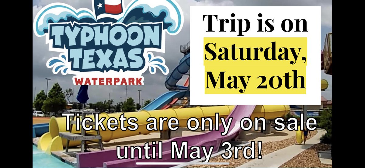 UlrichBand's tweet photo. Ticket sales are now open for our Spring trip to Typhoon Texas! 🌊🛝🎟️
Come join our day of fun at the waterpark on Saturday, May 20th. Tickets are on sale on School Cash Online and are limited so act fast! https://t.co/7vSAeSRZga