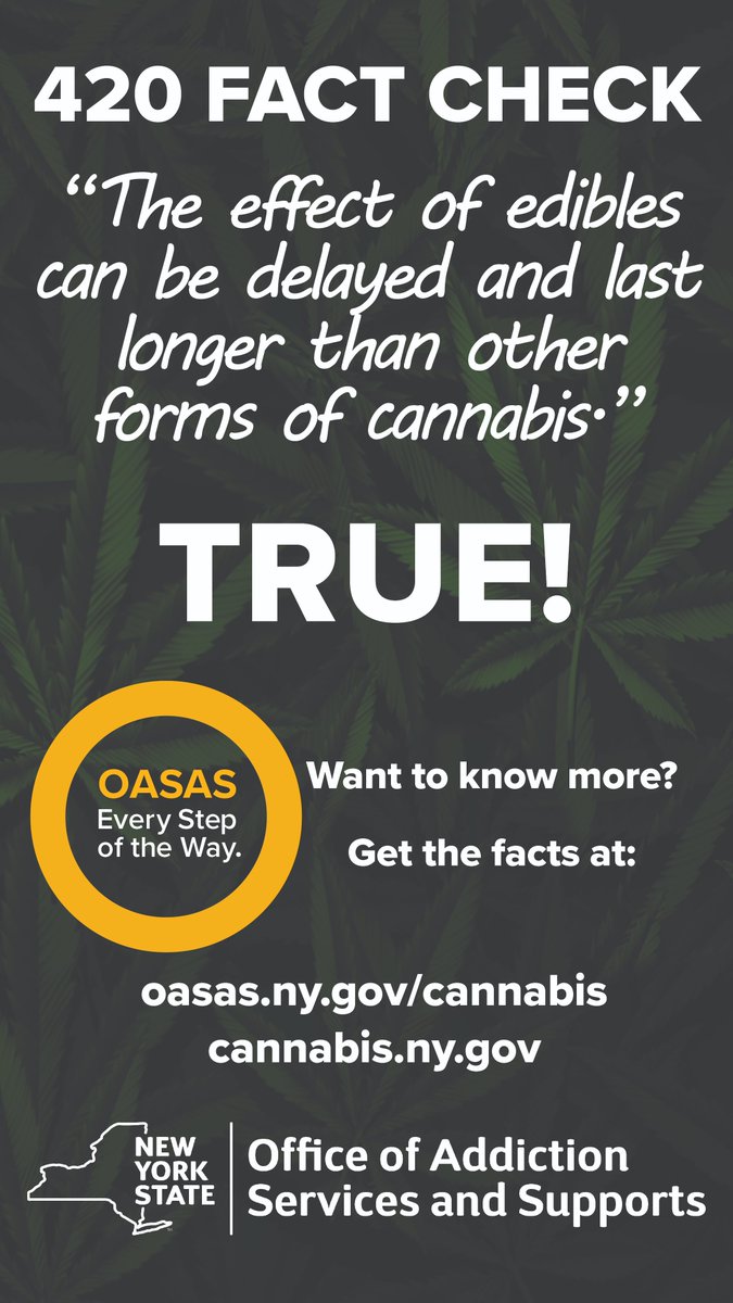 420 FACT CHECK!
April 20th (4/20) is the unofficial holiday for cannabis users. Remember to start low and go slow. When it comes to edibles, it could be an hour or more before you feel the effects.
Click to learn more 📷 oasas.ny.gov/cannabis
#startlowgoslow