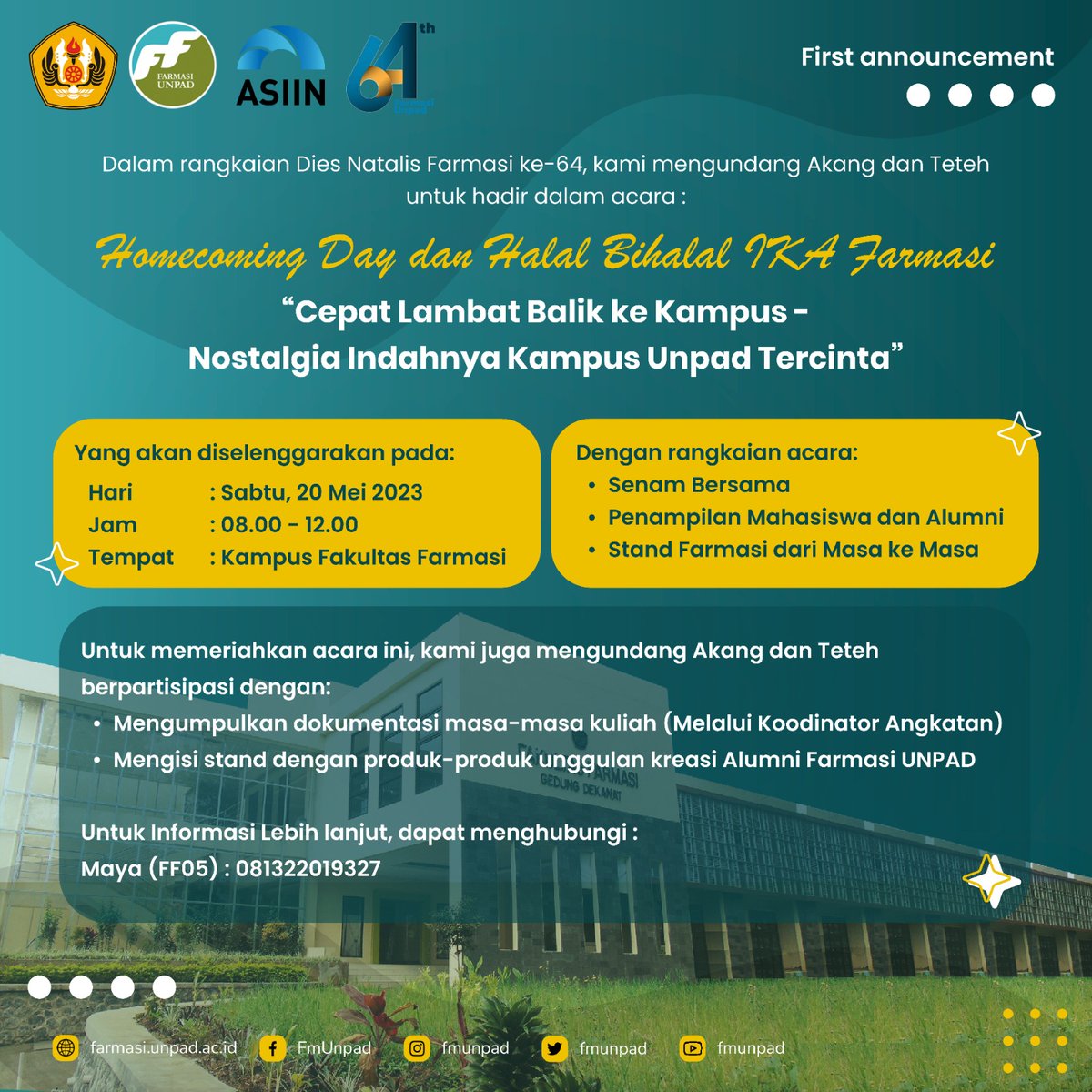 Dear  Akang dan Teteh Alumni,

Mari hadir dalam Homecoming Day dan Halal Bihalal IKA Farmasi,

Untuk memeriahkan acara, kami juga mengharapkan partisipasi Akang dan Teteh semua dalam bentuk :

instagram.com/p/CrQklC2P77u/…