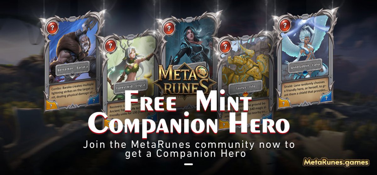 ABestClub's tweet photo. 📢📢 #FREE MINT COMPANION #HERO
Join the #MetaRunes  community now to get a Companion Hero, referral bonuses are open and your referrals can get up to 50% #NFT shareholder rights bonus! https://t.co/5yPAxblsqm