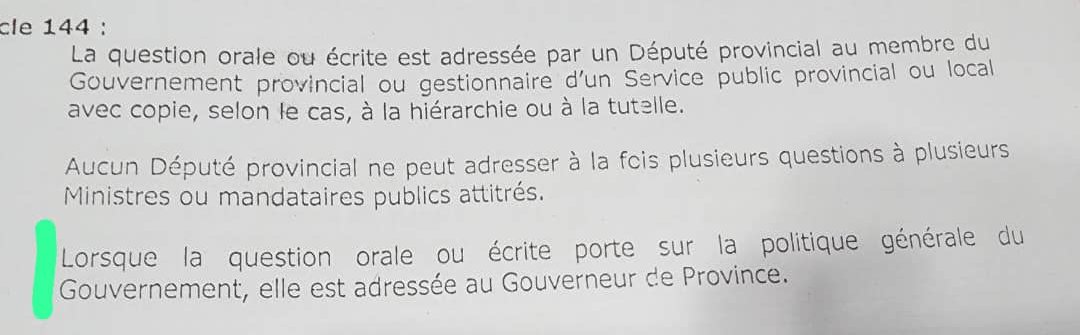 flory_mbadu's tweet photo. La question orale ou écrite est adressée au Gouverneur de province, si elle porte sur la politique générale du gvnt. La question spécifique est adressée au membre du gvnt Provincial : Article 144 du règlement intérieur de l'APKC. L'Hon. Panzu devrait un peu mieux le consulter. https://t.co/3OLsPwtgU2