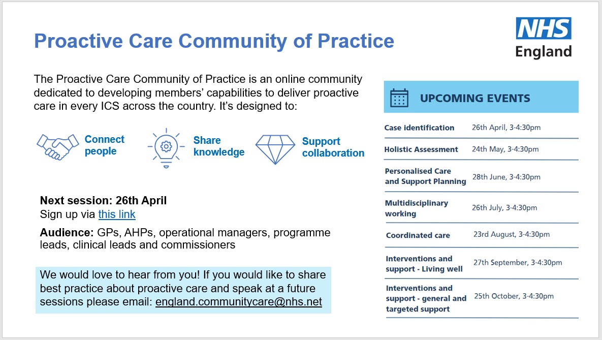 Corrina Grimes (@cgrimes3) on Twitter photo We have a developed a #ProactiveCare community of practice to share national and regional learning, and good practice. Join the team <a href="/NHSEnglandCHS/">Community Health Services</a> for our next session on 26th April.
Sign up here: events.england.nhs.uk/events/proacti… We have a developed a #ProactiveCare community of practice to share national and regional learning, and good practice. Join the team <a href="/NHSEnglandCHS/">Community Health Services</a> for our next session on 26th April.
Sign up here: events.england.nhs.uk/events/proacti…