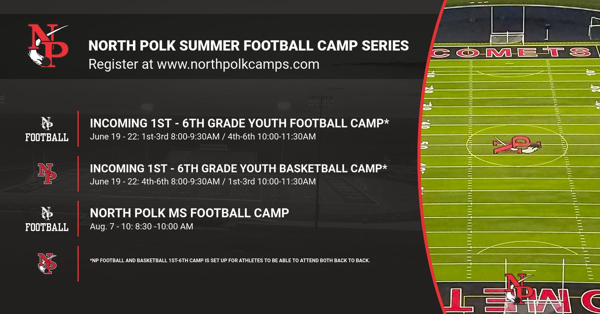 North Polk Football Summer Camps: Youth and MS Camps. Register at northpolkcamps.com