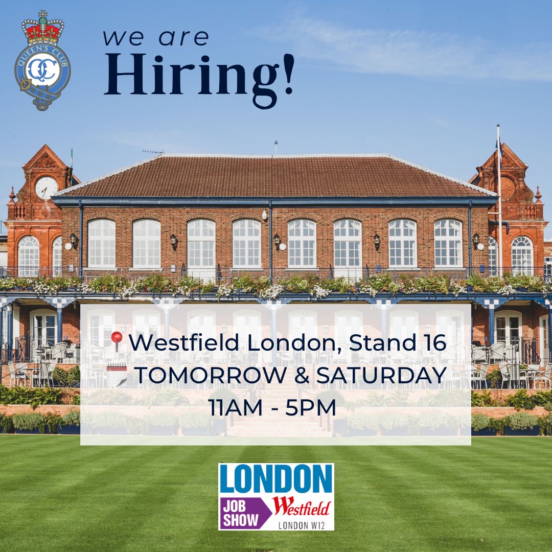 TheQueensClub's tweet photo. 1 DAY TO GO! 

Don’t forget to head down to Westfield London, W12 tomorrow or Saturday between 11am and 5pm if you want to find out more about working for The Queen’s Club, a private members’ sports club in the heart of West London!

#recruitment #jobs #employmentopportunities https://t.co/LP9kKASm0u