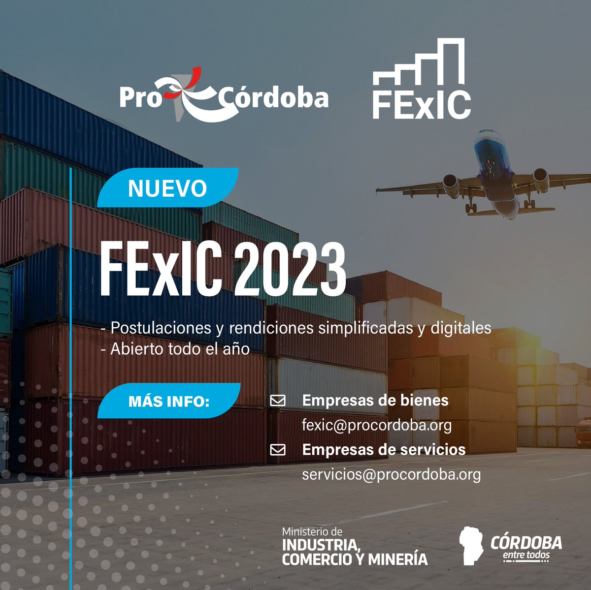 AgenciaProCba's tweet photo. 📈🌎 Lanzamos el nuevo #FExIC 2023: más ágil, con más asistencias y más beneficios.
✅ Postulaciones y rendiciones digitales.
✅ Dirigido a empresas de bienes y servicios de la provincia de #Córdoba.

Toda la info 👇
https://t.co/IUrcrjv7XC https://t.co/P55JEeyQpp