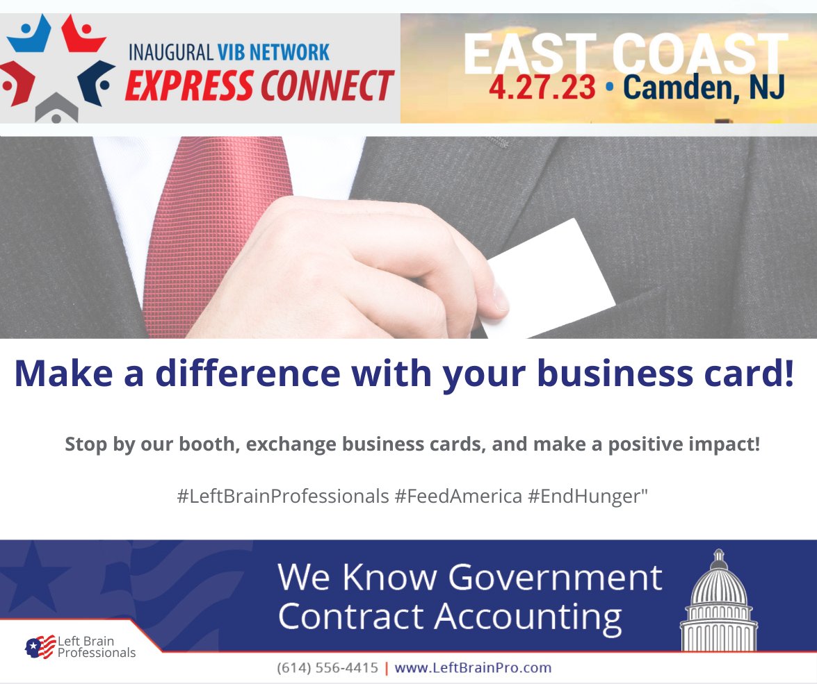 "Make a difference with your business card! We proudly announce that for every business card dropped off at our conference booth, we will donate $5 towards Feed America. Let's work together to fight hunger &amp; support those in need.  Join us and give back!

#LeftBrainProfessionals