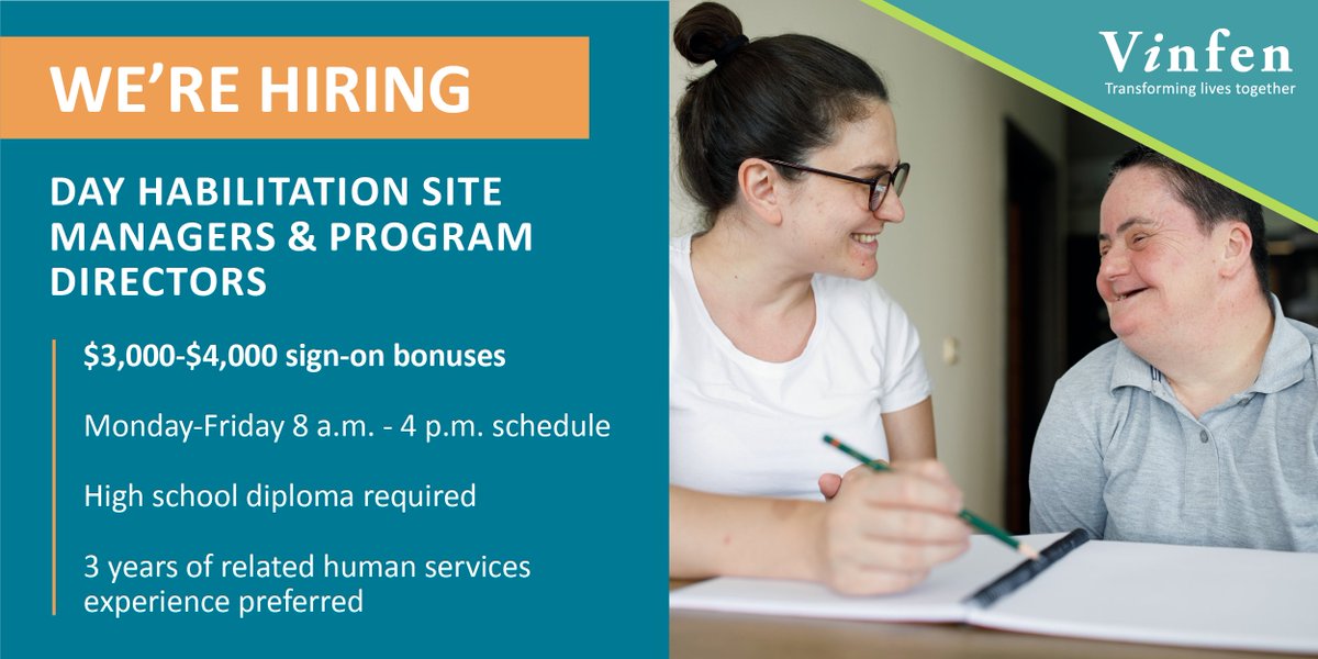 vinfencorp's tweet photo. We're #hiring dedicated site managers &amp; program directors for our day habilitation programs in Brighton, Rockland, Somerville, &amp; Weymouth that support individuals with intellectual &amp; developmental disabilities. Visit https://t.co/KLLNKMejcT &amp; enter keyword 'DaySiteMgr' to apply. https://t.co/951sIxjWEi