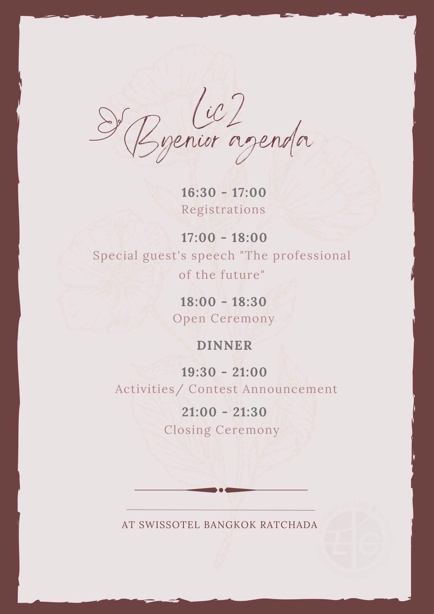 swuic_lic's tweet photo. 📌You are invited to Byenior, Farewell Party for the 2nd batch of LIC ✉️
Hosted by International College for Sustainability Studies
🗓️Date : 28 April 2023
📍Venue : Swissotel Bangkok Ratchada
👗Theme : Evening Gown https://t.co/TZlZIrwv43