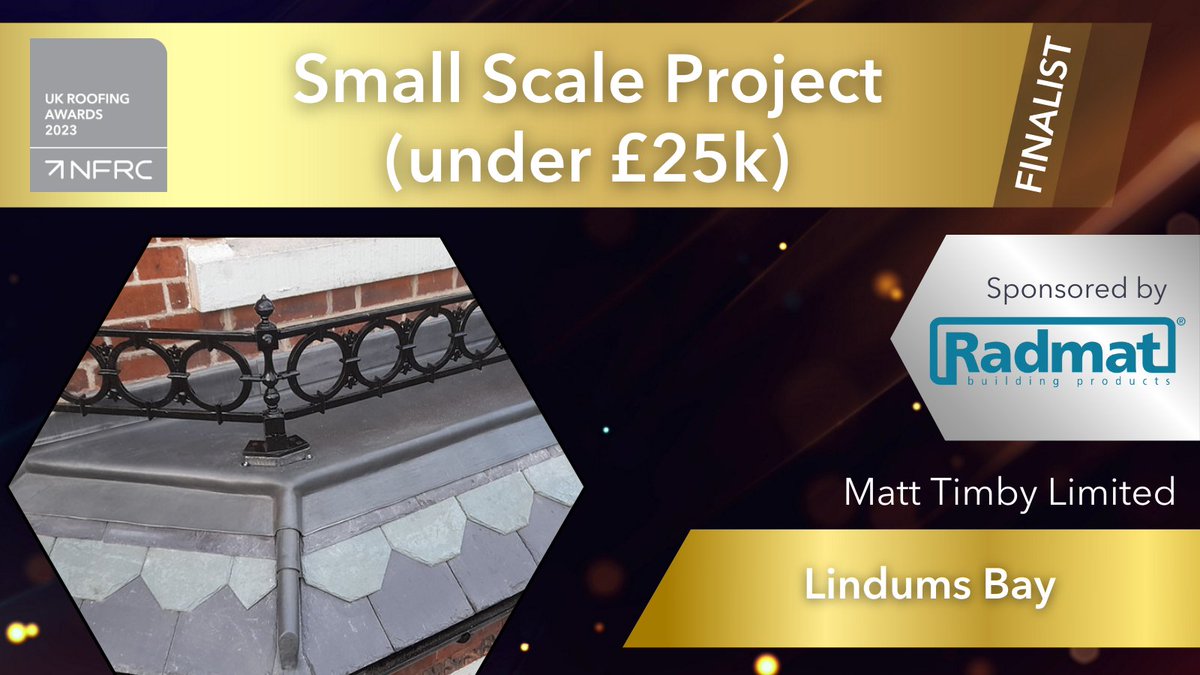 Good luck to <a href="/TimbyRoofing/">Matt Timby Roofing</a> with their Lindums Bay project, finalist in the Small Scale Project < £25k category sponsored by <a href="/RadmatOfficial/">Radmat Official</a> 

#RA2023 #RoofingAwards2023