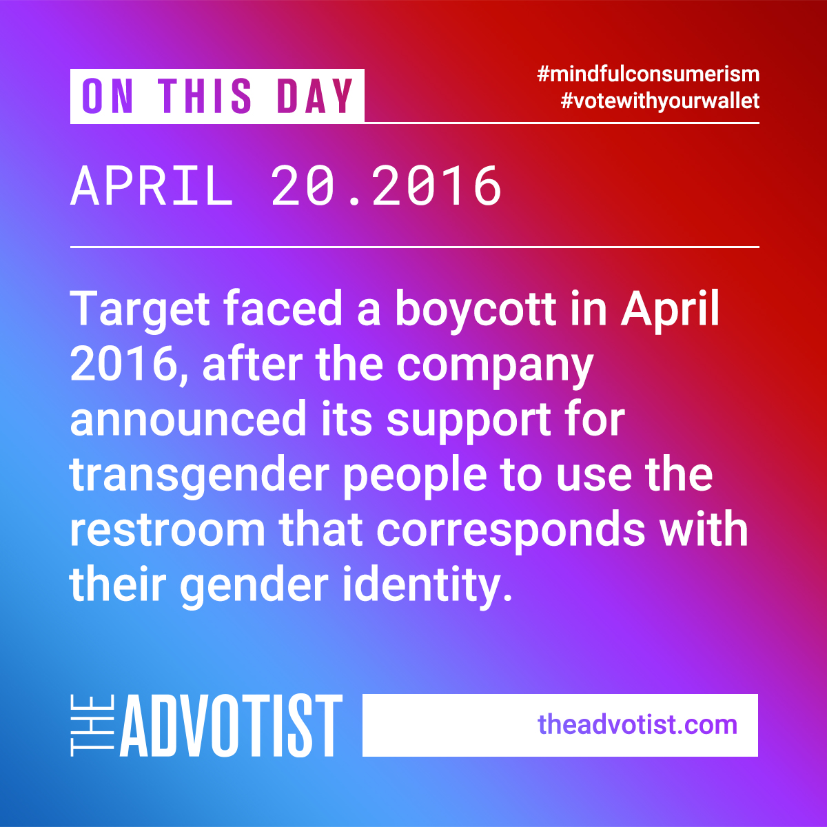 theadvotist's tweet photo. Target faced a boycott for supporting transgender restroom access, highlighting the need for equal rights and inclusion for all. Let's continue to stand up for social justice. Visit https://t.co/7iE45k5TUV for more. #socialjustice #inclusion #Targetboycott #OTD #onthisday https://t.co/W9EHxj5rQR