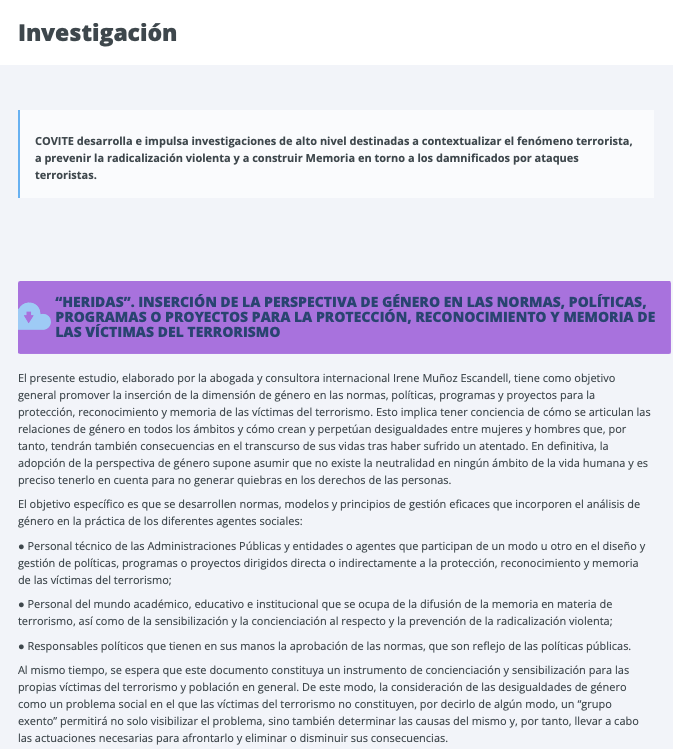 CovitePV's tweet photo. 'HERIDAS' es una investigación de @Imescandell sobre el impacto del #terrorismo en las vidas de las #víctimas que, antes de adquirir esa condición no buscada, son mujeres, hombres, niñas y niños.
Lo podéis leer en este enlace en la web de COVITE: https://t.co/iwhwW6geaA
#Género https://t.co/REcuDZQZ0M