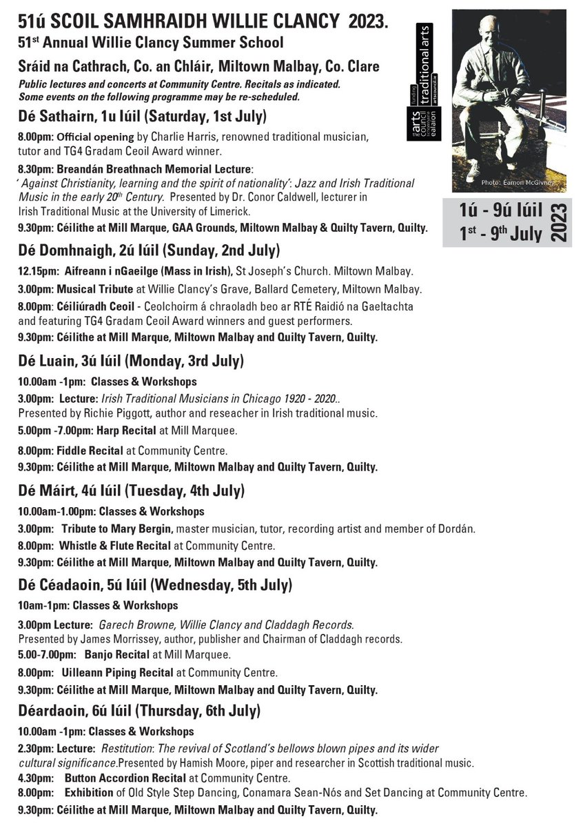 ss_willieclancy's tweet photo. A quick update of @ss_willieclancy  Programme 2023 - Online Registration now open for all classes https://t.co/XEtMxs3O3z
@TG4TV @RTERnaG @Napiobairi @artscouncil_ie @DeptCulturelRL @ClareTourism @ClareFM @ClareChampion https://t.co/CCcpo35RxE