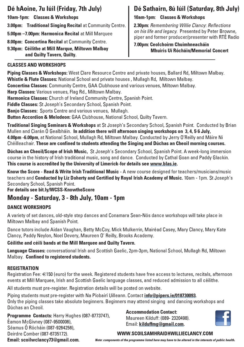 A quick update of <a href="/ss_willieclancy/">SSWillieClancy</a>  Programme 2023 - Online Registration now open for all classes scoilsamhraidhwillieclancy.com
<a href="/TG4TV/">TG4</a> <a href="/RTERnaG/">Raidió na Gaeltachta</a> <a href="/Napiobairi/">Na Píobairí Uilleann</a> <a href="/artscouncil_ie/">The Arts Council / An Chomhairle Ealaíon</a> @DeptCulturelRL <a href="/ClareTourism/">VisitClare</a> <a href="/ClareFM/">Clare FM</a> <a href="/ClareChampion/">The Clare Champion</a>