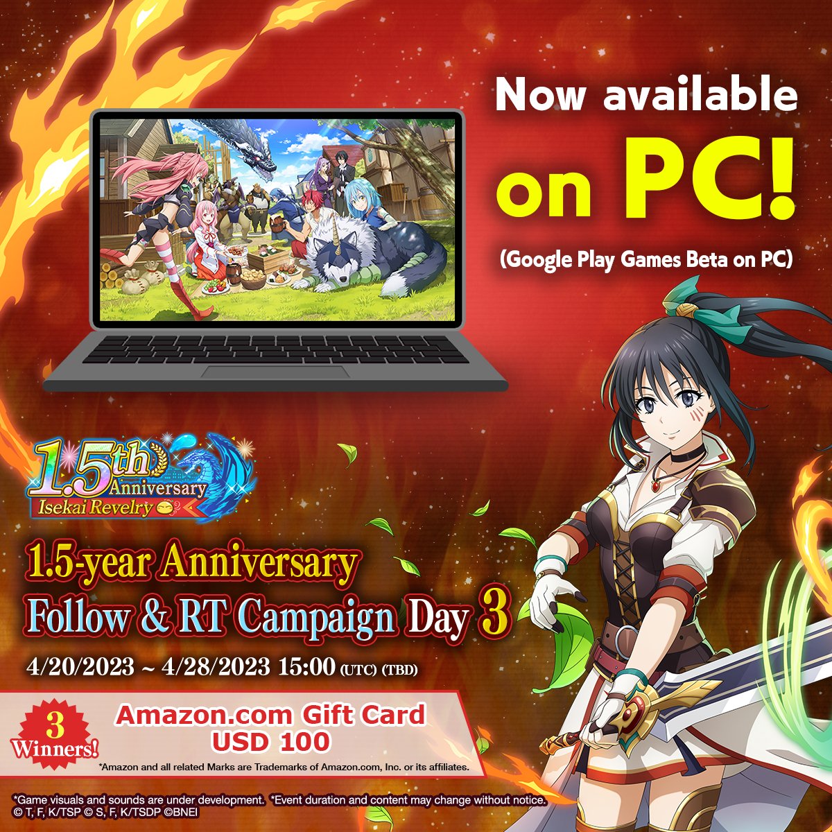 SlimeIM_en's tweet photo. ISEKAI Memories 1.5-year Anniversary
🎉Follow &amp; RT Campaign Day 3🎉

Slime IM is now playable on PC!
We’re having a https://t.co/vFeBAaHCqT Gift Card Giveaway Campaign! 

✅How to participate
① Follow @SlimeIM_en
② Retweet this Tweet🔄

#ISEKAIMemoriesAnniv #tensura https://t.co/xKgl3PkUkW