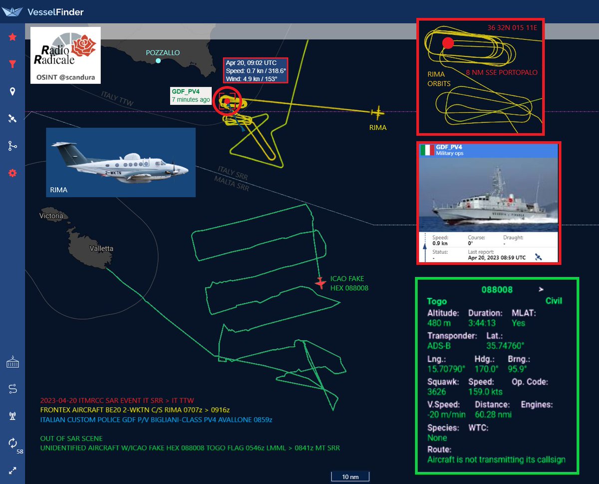 scandura's tweet photo. 🔴 Operazione SAR Guardia Costiera⚓️🇮🇹 a 8 miglia SSE Portopalo.

Assetti tracciati: Frontex🛩️#Eagle1 🇪🇺 (SAR callsign ITMRCC #RIMA) e il pattugliatore Avallone PV4 #GDF 🇮🇹.

A est Malta: 🛩️ velivolo non identificato🏳️ senza callsign e fake ICAO hex code.

📍 OSINT Radio Radicale https://t.co/R7tmETFlal